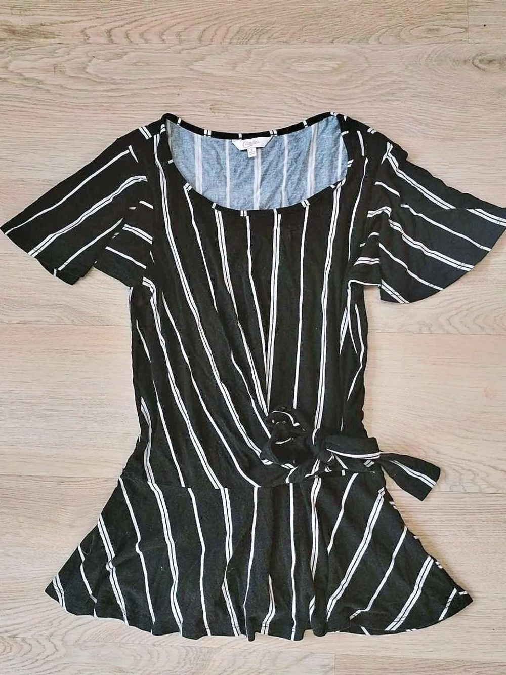 Striped Tie-Waist Black Top with White Pinstripes